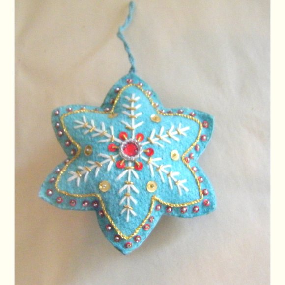 Blue Embroidered Fabric Star Snowflake Ornament - Picture 1 of 5